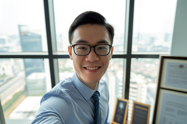 Selfie of asian smiling businessman indoor