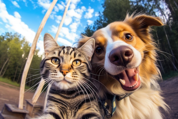Photo selfie cat and dog portrait two cats make self picture funny kitten generative ai illustration