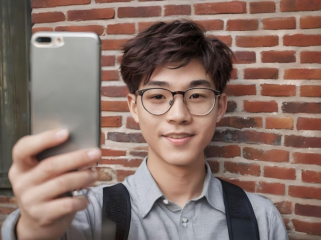 Selfie Concept of A Cute and Handsome Asian Guy with Glasses and Shirt with Backpack