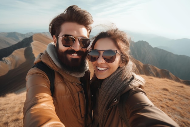 Selfie cute couple mountains View active Generate Ai