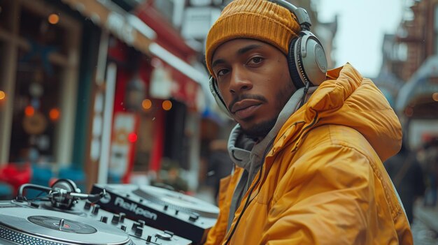 Photo selfie of a dj with his turntable and headphones