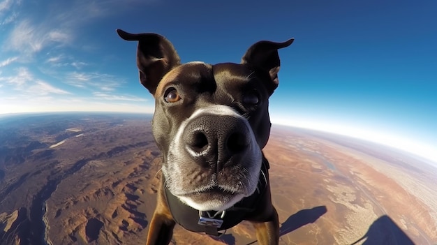 Selfie dog floating breathtaking in beautiful style on panoramic background Nature beauty