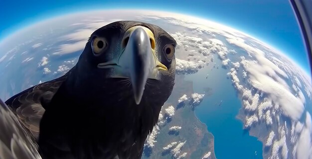 Selfie eagle floating breathtaking in beautiful style on panoramic background Nature beauty