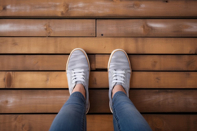 Selfie elegantie voeten en schoenen op een houten vloer top view