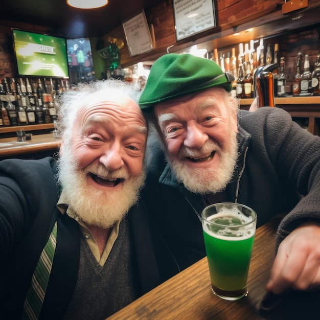 Selfie foto van twee vrienden in een pub die Patricks dag vieren