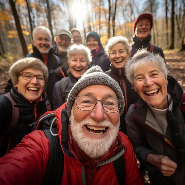 Selfie of group of active seniors elderly men and women on walk in autumn forest