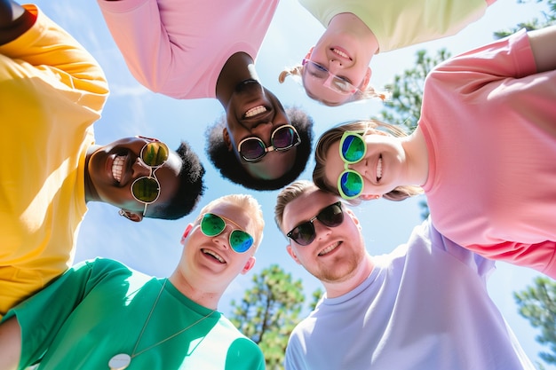 Selfie of group of friends of different ethnicities on trip at sunset