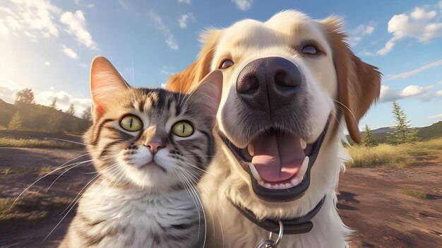 Photo selfie of happy dog and cat together ai generated