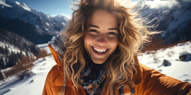 Селфи счастливой девушки, путешествующей по горам зимой