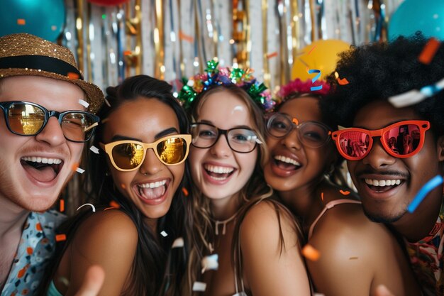 Foto selfie di momenti felici nella cabina fotografica immagine di eventi sociali nella festa con persone diverse