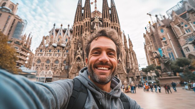 Photo selfie of a happy tourist visiting la sagrada familia barcelona spain tourism concept