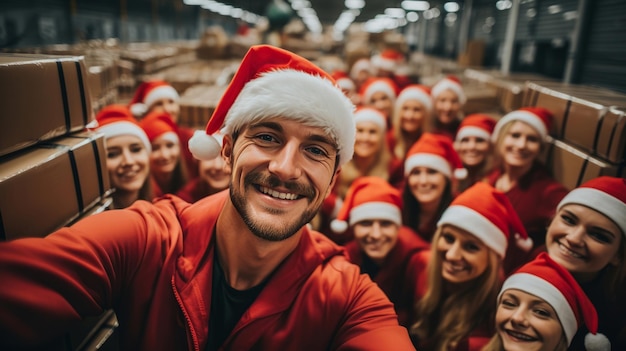 Photo selfie of happy volunteers or workers in warehouse wearing christmas caps smiling