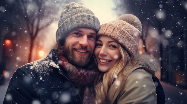 Selfie of a happy white couple wearing hat against winter snowfall ambience background