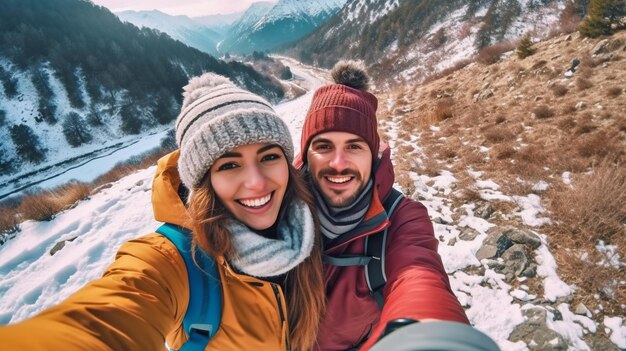 Selfie of a hiking couple in the mountains during the winter The Generative AI