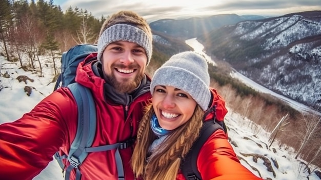 Selfie of a hiking couple in the mountains during the winter The Generative AI