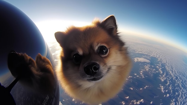 Selfie hond drijvend adembenemend in prachtige stijl op panoramische achtergrond Natuurschoonheid