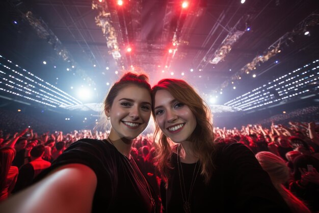 Foto immagine selfie di due giovani donne a un concerto in un'arena coperta gigante