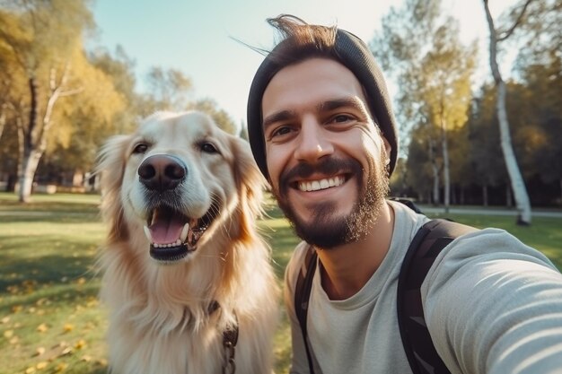 公園で犬と一緒にいる男性のセルフィージェネレーティブAI