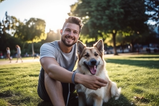 Selfie of a man with a dog in the park Generative AI