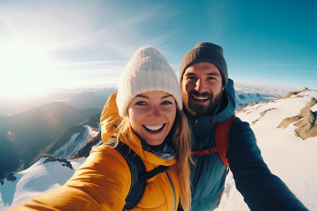 Selfie of a man and a woman on top of a mountain Climbing mountains AI generated
