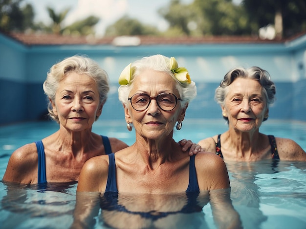 Selfie of a modern elderly women group on vacation at the pool enjoying retirement and summer in group of friends