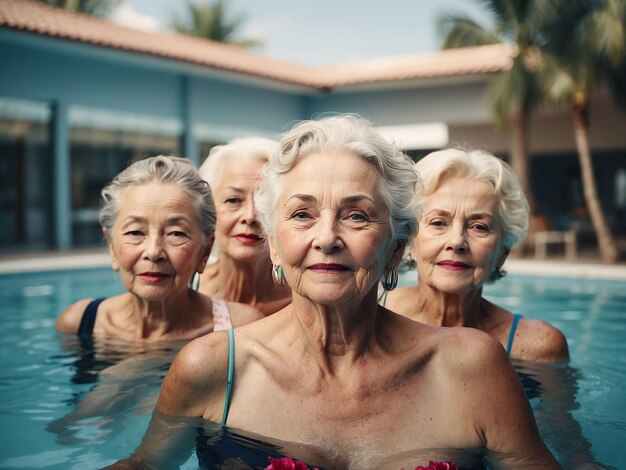 Selfie of a modern elderly women group on vacation at the pool enjoying retirement and summer in group of friends