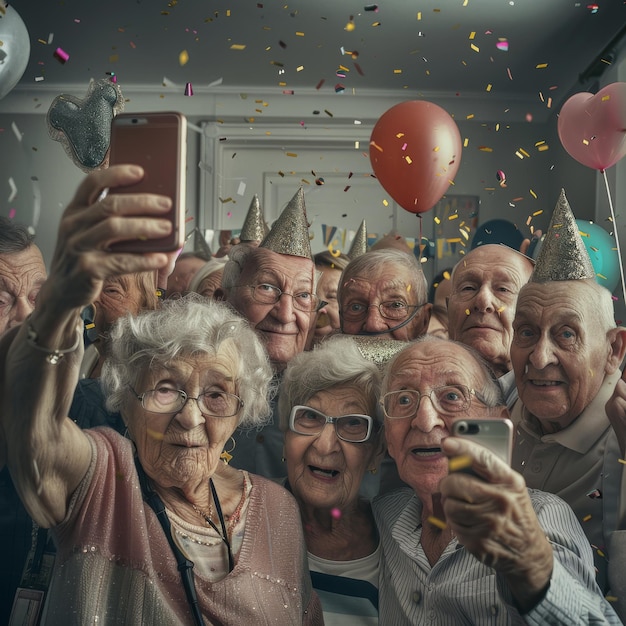 Photo selfie in nursing home old people smiling very happy young and old people birthday party