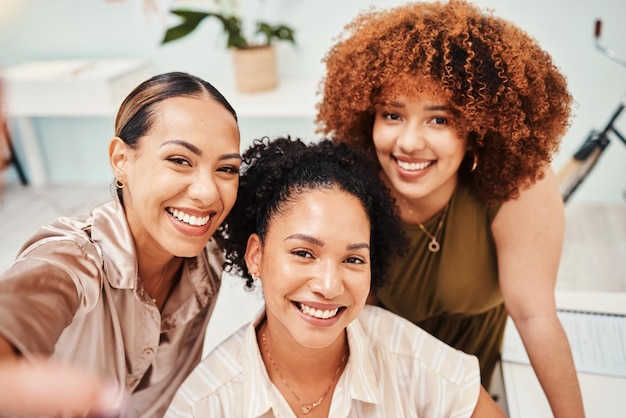 Selfie office or portrait of happy friends taking a photograph together for teamwork on workplace break Fashion designers faces or excited group of people in a picture for a social media memory