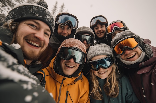 Photo selfie of people wearing ski equipment winter holiday smile activity glove extreme generate ai