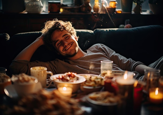 A selfie of a person lying on a couch surrounded by empty plates and food containers with a conten