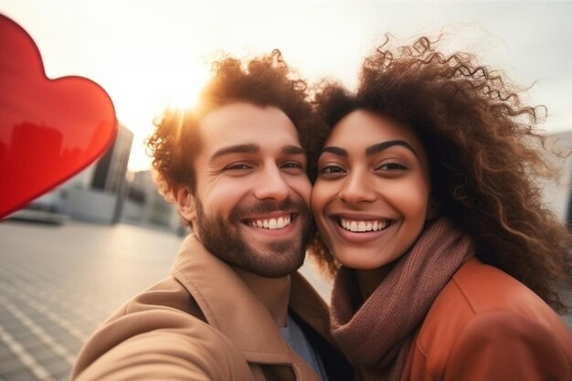 Photo selfie portrait of a cheerful funny couple in love