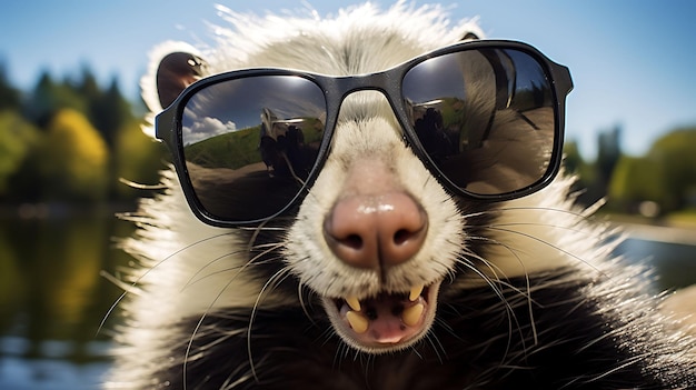 Photo selfie portrait of a hysterical skunk wearing sunglasses