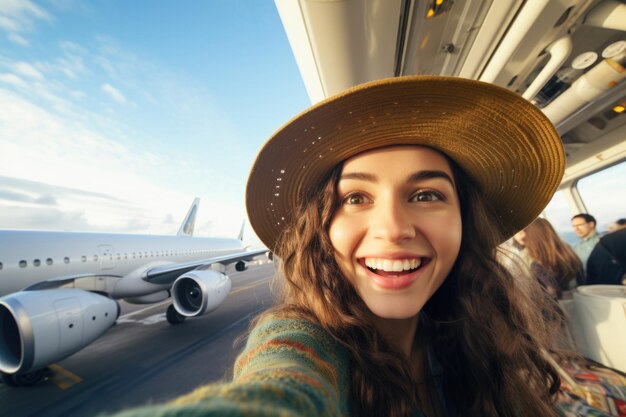 selfie portrait plane and travel concept