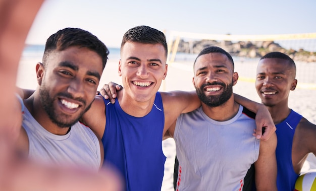 Selfie portrait or volleyball team at beach with support in sports training exercise or fitness workout Smile teamwork or happy men on mobile app for social media picture or group photo in game