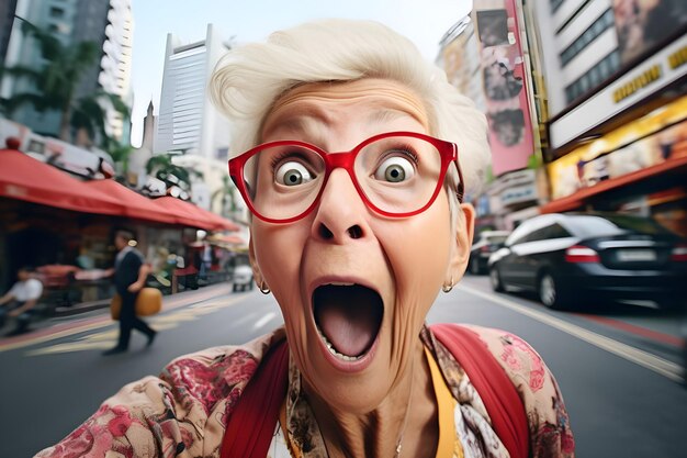 Photo selfie of senior old woman happy and surprised expression city background ai generated