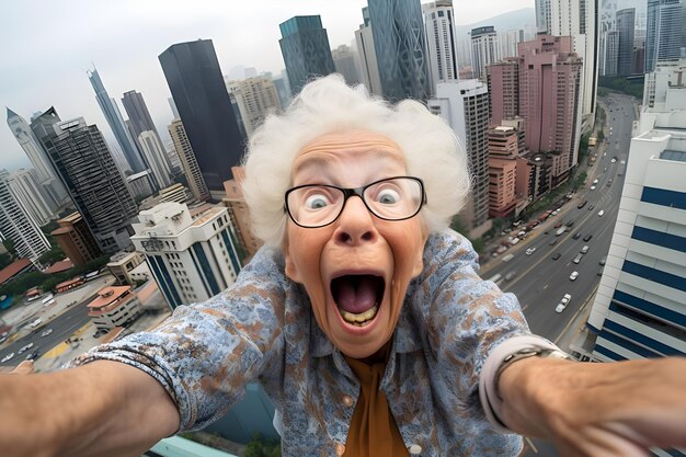 Photo selfie of senior old woman happy and surprised expression city background ai generated