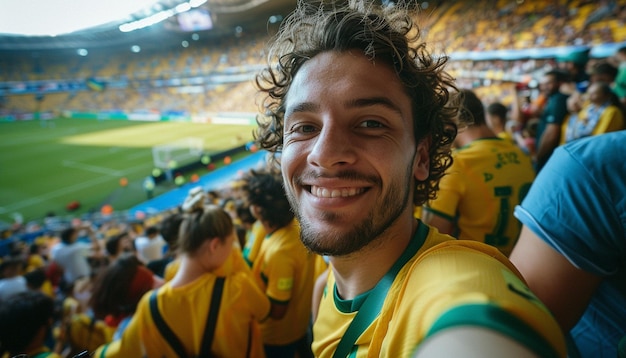 Photo selfie of spectator in the stadium celebrating with his team and the green and yellow colors brazil