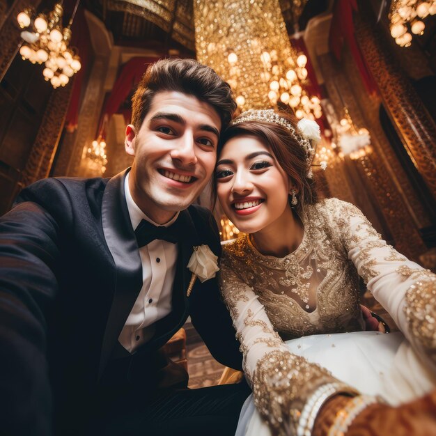 selfie style of new wedding couple