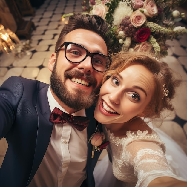 selfie style of new wedding couple