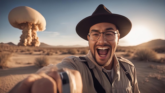 Foto selfie tegen de achtergrond van een nucleaire explosie in de woestijn