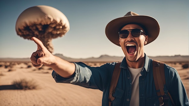 Foto selfie tegen de achtergrond van een nucleaire explosie in de woestijn