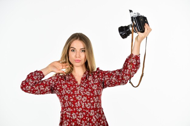 Selfie time modern technology concept journalist woman with retro camera vintage photographing professional skilled female photographer girl make selfie photo with old fashioned camera