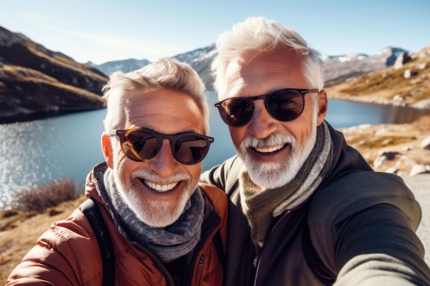 Photo selfie of two smiling mature men with sunglasses in a mountain landscape