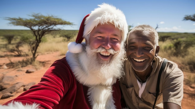 Selfie van de gelukkige kerstman en de mens in Afrika die het concept van liefdekerstmis verspreiden