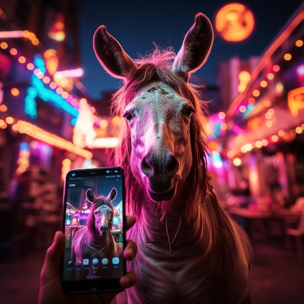 Selfie van een grappige ezel met een mobiele telefoon in zijn hand