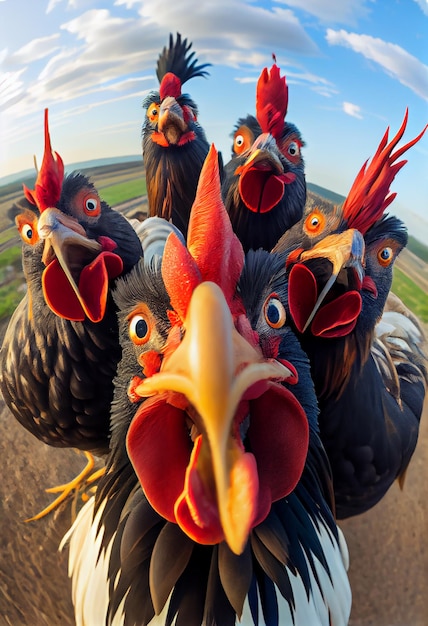 Selfie van een groep hanen die ineengedoken samen een groepsselfie maken kippengroep selfie