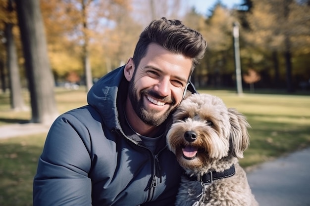 Selfie van een man met een hond in het park Generatieve AI