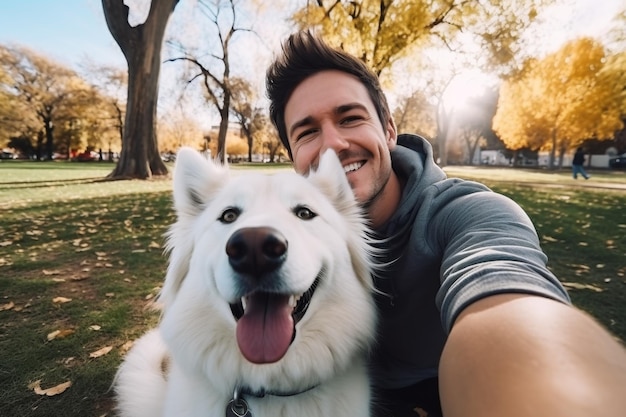 Selfie van een man met een hond in het park Generatieve AI