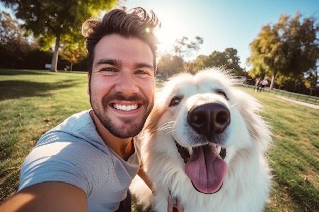 Selfie van een man met een hond in het park Generatieve AI