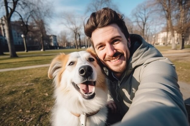 Selfie van een man met een hond in het park Generatieve AI